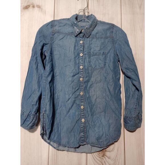 Justice Shirt Girls 10 Blue Chambray Button Front Beaded - Picture 1 of 9